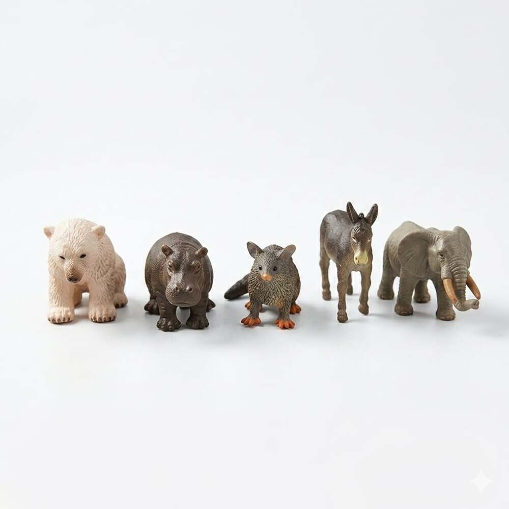 Lot of 5 Mini Animal Figures Polar Bear Elephant Hippo Donkey Opossum